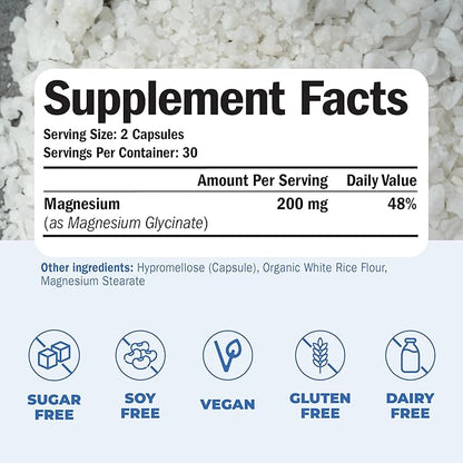 Magnesium Glycinate 200mg Capsules (Glicinato de Magnesio) - Chelated Magnesium 200mg for Restful Sleep, Relaxation, Mood Support, Leg & Muscle Comfort, Bone & Nervous System Health. 60 Vegan Capsules