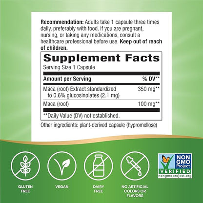 Nature's Way Maca Premium Extract, Supports a Healthy Libido*, Standardized to 0.6% Glucosinolates, Non-GMO Project Verified, 60 Vegan Capsules (Packaging May Vary)