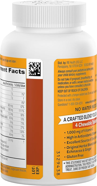 Airborne Vitamin C 1000mg (per Serving) - Citrus Chewable Tablets (96 Count in a Box), Gluten-Free Immune Support Supplement with Vitamins A C E, Zinc, Selenium, Echinacea, Ginger, Antioxidants