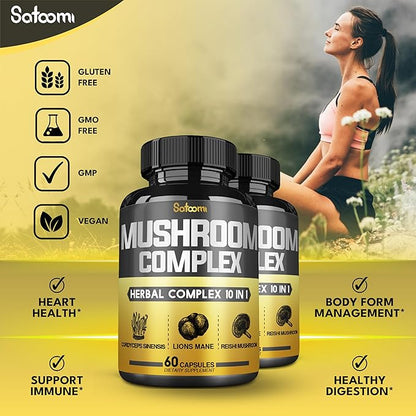 Satoomi 10in1 Mushroom Complex Supplements Capsules - 4 Month Supply - Blends with Lions Mane, Cordyceps, Reishi, Chaga, Maitake, Shitake & Others - 2 Packs 60 Capsules
