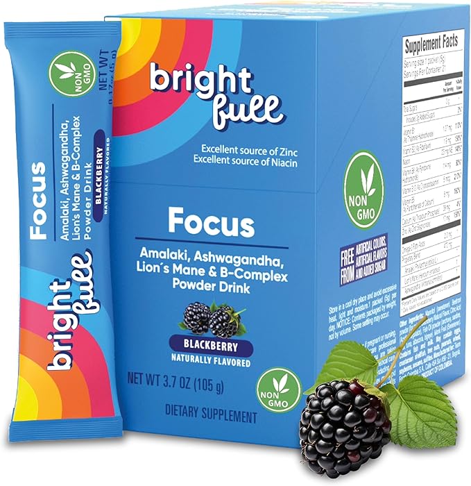 Focus Sugar Free Dietary Supplement Drink Mix with Ashwagandha, Lion’s Mane, B Vitamins B1 B2 B3 B5 B6 B12, for Cognitive Performance & Clarity BlackBerry, 21 Day Supply