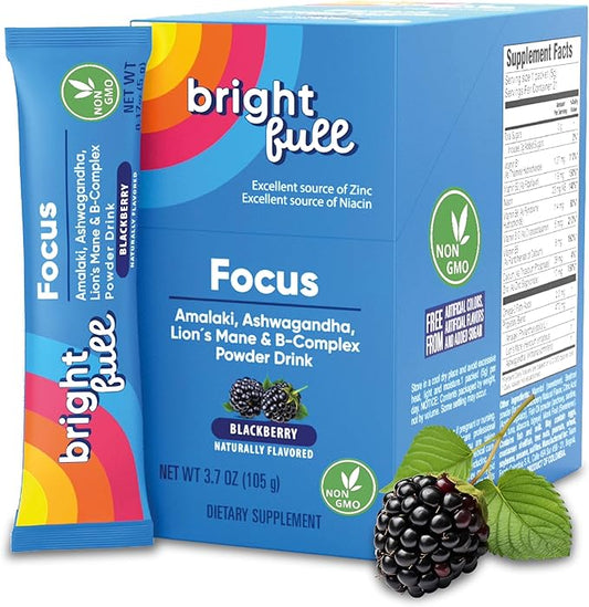Focus Sugar Free Dietary Supplement Drink Mix with Ashwagandha, Lion’s Mane, B Vitamins B1 B2 B3 B5 B6 B12, for Cognitive Performance & Clarity BlackBerry, 21 Day Supply