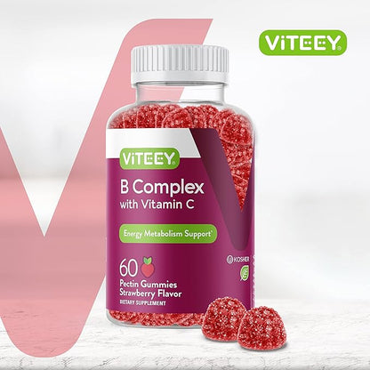 Viteey Vitamin B Complex for Adults with Vitamin C, B6, B12, Niacinamide, Folic Acid, Biotin, Calcium - Supports Energy & Metabolism - Vegan, Gluten Free, Gelatin Free - Chewable Strawberry Flavored
