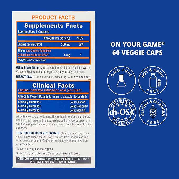 Biosil On Your Game - 60 Veggie Capsules, Pack of 2 - with Patented ch-OSA Complex - Increase Collagen Production for Joint Pain Relief, Flexibility & Range of Motion - GMO Free - 60-Day Supply