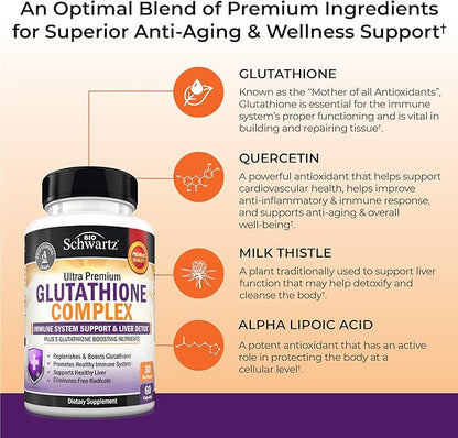 BioSchwartz Glutathione Supplement Liver Detox with Quercetin Vitamin C Milk Thistle Alpha Lipoic Acid - Liver Supplement Immune Support Pills - Immunity Defense Health Formula and Cleanse 500mg 60ct