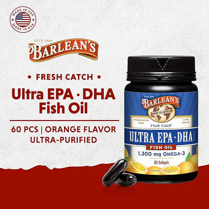 Barlean's Fish Oil Omega 3 Supplement, High Potency Ultra EPA DHA Fatty Acid Softgels, 1000mg Orange Flavored Fish Oil Pills, 60 Count