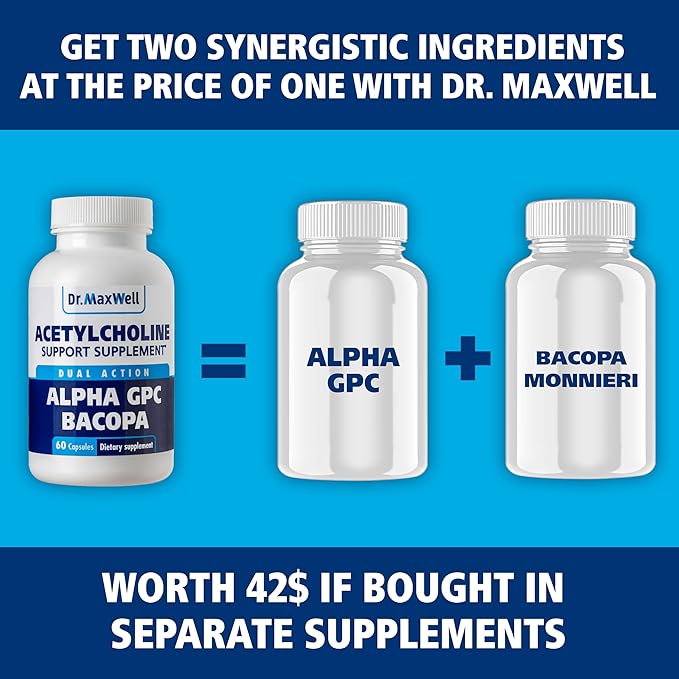 Acetylcholine, Alpha GPC Choline 600mg + Bacopa, Better Than Each Alone. More Reliable Acetylcholine (Supports Memory & Learning) Supplement, 60 Capsules