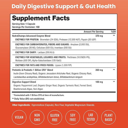 NutraChamps Digestive Enzymes with Probiotics and Prebiotics for Women & Men - 90 Vegan Capsules with Bromelain for Bloating & Optimal Gut Health