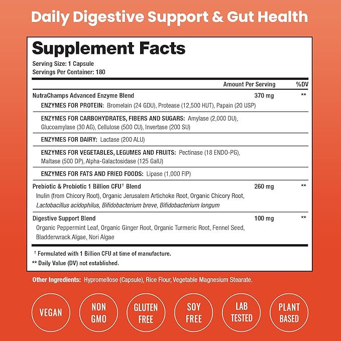 NutraChamps Digestive Enzymes with Probiotics and Prebiotics for Women & Men - 180 Vegan Capsules with Bromelain for Bloating & Optimal Gut Health