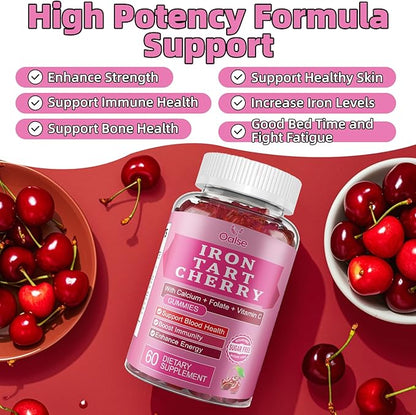 Tart Cherry Iron Supplement for Women & Men, Iron Gummies with Calcium, Zinc, Folate & Vitamin C & B12 for Immune Support, (60 Count) - Sugar Free,Vegan