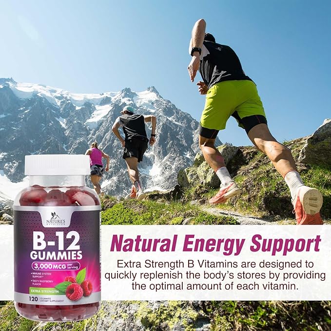 B12 Gummies for Adults, Extra Strength Energy 3000 mcg - B-12 Energy Metabolism & Immune System Support - Chewable Dietary Supplement for Adults & Kids Caffeine Free Gummy Vitamin - 120 Gummies