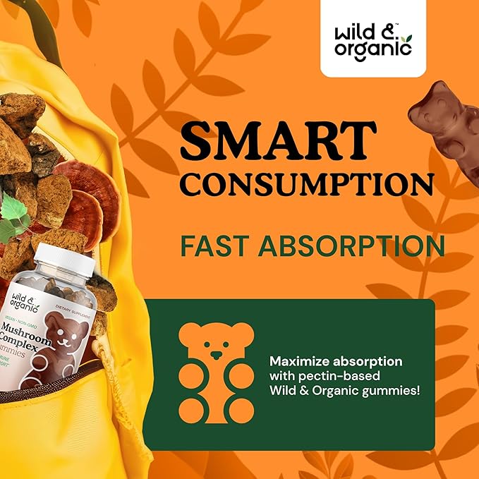 Wild & Organic Mushroom Gummies - Lion's Mane, Cordyceps, Turkey Tail, Reishi, Chaga, Maitake - 10-in-1 Complex - Mushroom Supplement Gummies for Immune & Brain Support - 60 Count