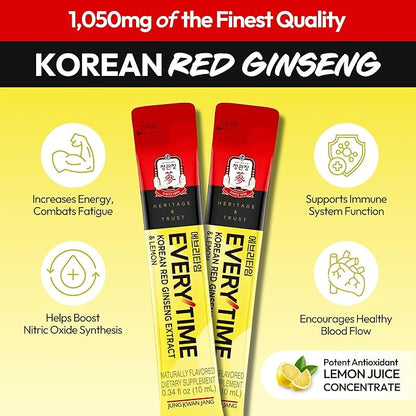 Everytime Korean Red Ginseng Extract 1,050mg & Lemon - Vegan Energy Drink Liquid Stick Supplements - Builds Stamina & Immunity, Non-GMO (10 Sticks, 0.34 fl oz)