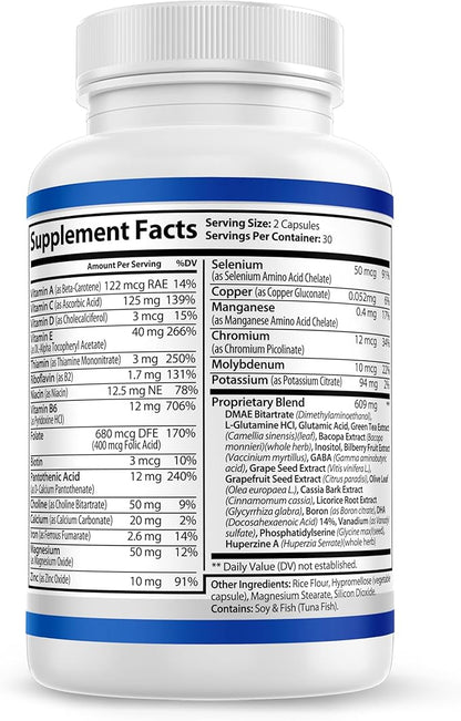 Nootropics and Cognitive Support for Brain Health Enhancer Vegan Supplement - Mental Focus Memory Supplement, Performance Blend, w/Energy and Vitamins DMAE Bacopa Phosphatidylserine Capsules