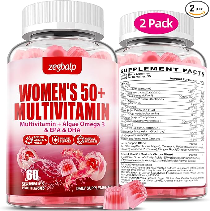 Sugar-Free Womens Multivitamin 50 Plus Gummies with Calcium, Magnesium, Zinc, Vitamin A, C, D3, E, K2, B Complex, Folate, Biotin - Multi Vitamins & Minerals for Skin, Energy, Immune Support