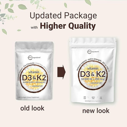 2 Pack Vitamin D3 10000 iu Plus K2 (MK-7) 200 mcg, 300 Virgin Coconut Oil Softgels | 2 in 1 Vitamins D & K Complex | Supports Calcium Absorption, Bone, Immune, & Heart Health – Easy to Swallow