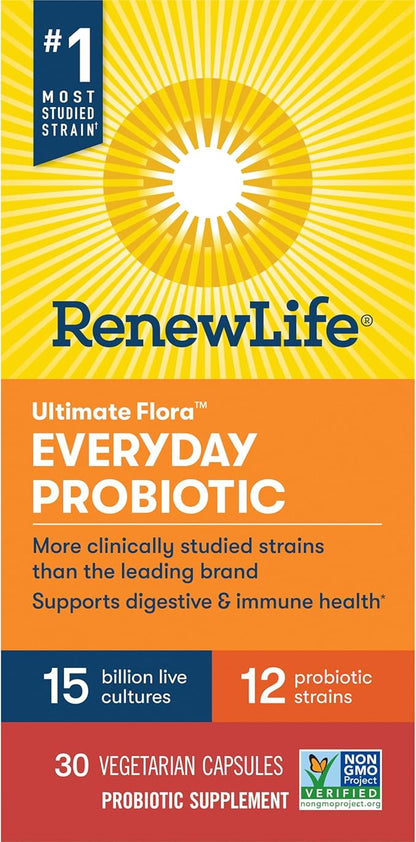 Renew Life Everyday Probiotic Capsules, Daily Supplement Supports Urinary, Digestive and Immune Health, L. Rhamnosus GG, Dairy, Soy and gluten-free, 15 Billion CFU, 30 Count