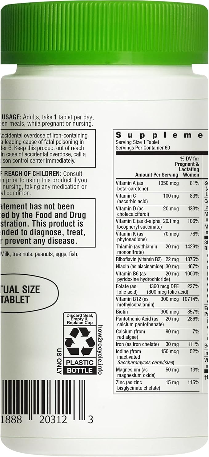 Rainbow Light 35+ Mom and Baby Multivitamin, Prenatal Vitamins Provide High-Potency Mom's Health and Baby's Development Support, With Folate and Iron, Vegetarian, 60 Count