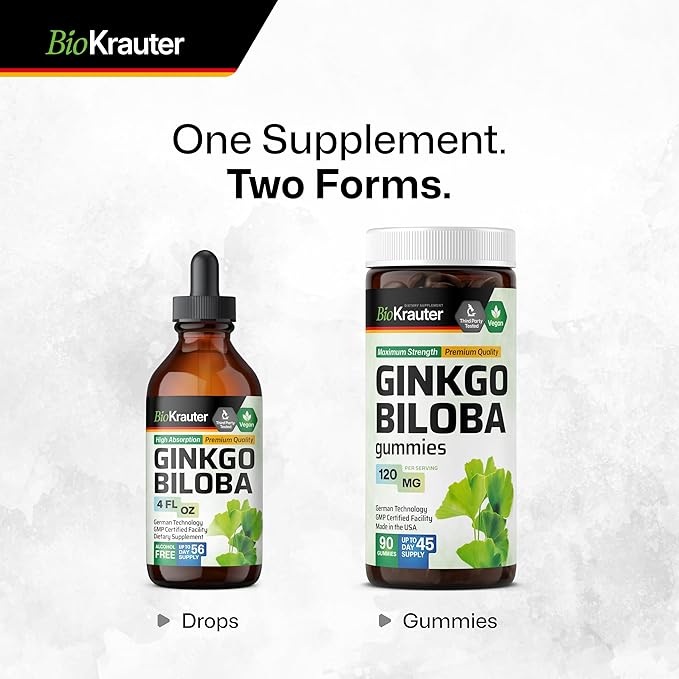 BIO KRAUTER Ginkgo Biloba Extract - Liquid Ginkgo Biloba Supplements for Brain - Vegan, Alcohol & Sugar Free - 4 Fl Oz