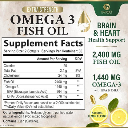Nature's Peak Fish Oil 2400 mg - Triple Strength Fish Oil Supplement, Omega 3 w/EPA & DHA Fatty Acids for Healthy Heart Support, Burpless Omega 3 Supplements, 30 Day Supply - 60 Softgels