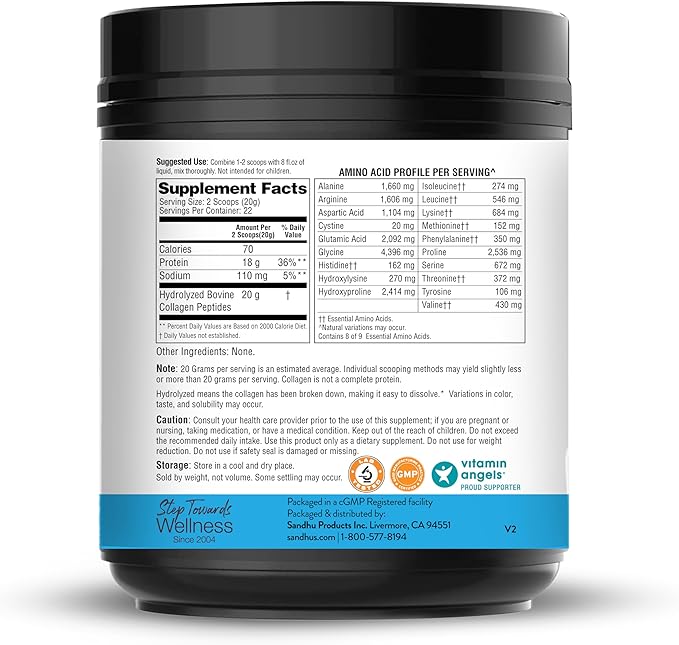 Sandhu's Collagen Peptides Powder|1 lb, 22 Servings Unflavored| Grass-Fed Hydrolyzed Bovine Collagen |Made in USA| Supports Youthful Skin, Hair, Nails, Mobility, Flexibility, Joint & Bone Health