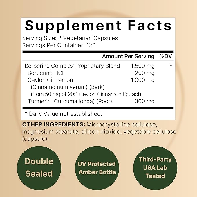 2 Pack Berberine Supplement 1500mg, 480 Veggie Capsules | Plus 1000mg True Ceylon Cinnamon & 300mg Turmeric – 97% Berberine HCL – Plant-Based, Vegan, Non-GMO