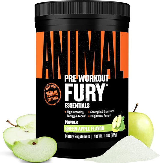 Animal Fury Pre Workout Powder - Green Apple, 350mg Caffeine, BCAA Amino Acids, 2g Beta Alanine, Citrulline & Tyrosine, Energy, Focus, Strength, Endurance, Preworkout for Men & Women, 30 Servings