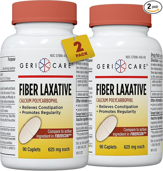 GeriCare Fiber Laxative Calcium Polycarbophil 625mg Caplets, Promotes Healthy Digestion and Constipation Relief, 90 Count Bottle (Pack of 2)