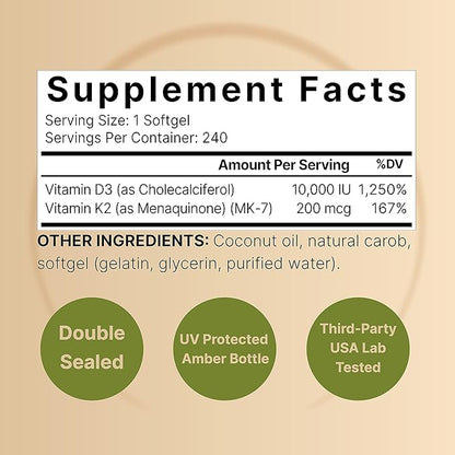 NatureBell Vitamin D3 K2 (10,000 IU Vitamin D + 200mcg Vitamin K MK-7) 240 Softgels with Coconut Oil for Complete Absorption | Bone, Heart, Immune, & Calcium Support | One a Day, Non-GMO