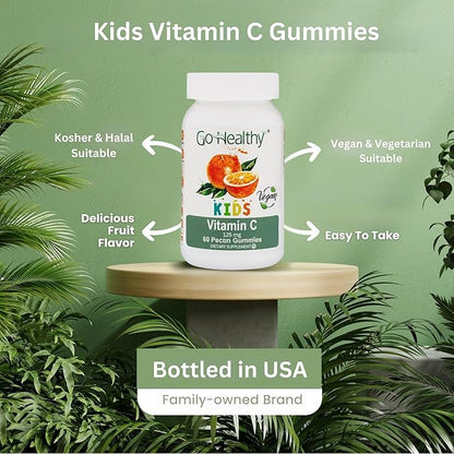 Go Healthy Vitamin C Gummies for Kids - Toddler & Children's Vitamin Gummy Supplement, Growth & Immune Support – Kosher, Halal, Non-GMO, Gluten-Free, Delicious Orange Flavor - 60 Servings