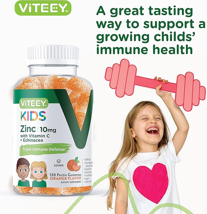 Zinc for Kids Gummies 10mg, with Vitamin C & Echinacea - Immune Support, Powerful Natural Antioxidant, Kids Zinc Vitamin Supplement - Vegan, Gelatin Free - Tasty Chewable Orange Flavor Gummy