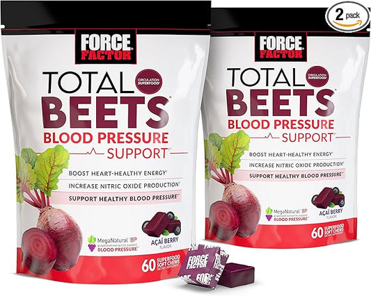 FORCE FACTOR Total Beets Blood Pressure Support Supplement, Beets Supplements with Beets Powder, Great-Tasting Beets Chewables for Heart-Healthy Energy, and Increased Nitric Oxide, 120 Chews, 2-Pack