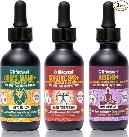 Lifecykel Professional Athletes Pack - Reishi, Lions Mane & Cordyceps Mushroom Extract- Full-Spectrum Mushroom Tincture for Energy, Focus and Immune Health- Vegan, Non-GMO Formula