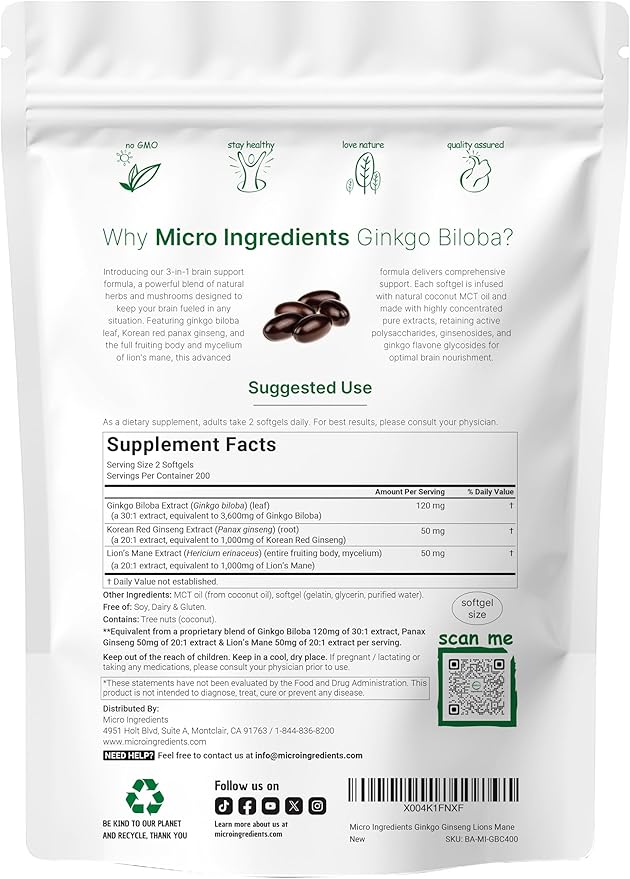 Ginkgo Biloba 5,600mg Equivalent, 400 Softgels | 3-in-1 with Ginseng & Lions Mane | MCT Oil Infused for Higher Absorption | Herbal Antioxidants & Superfood Mushroom | Brain & Memory Supplement