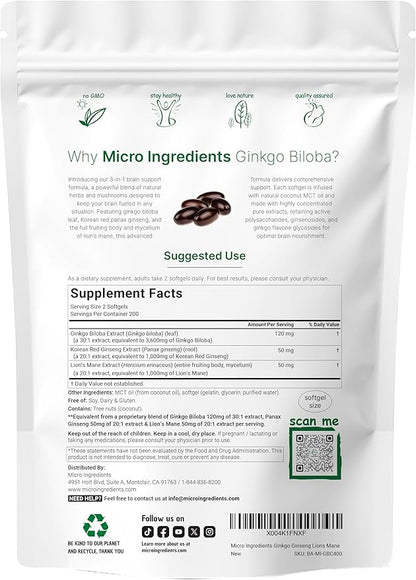 Ginkgo Biloba 5,600mg Equivalent, 400 Softgels | 3-in-1 with Ginseng & Lions Mane | MCT Oil Infused for Higher Absorption | Herbal Antioxidants & Superfood Mushroom | Brain & Memory Supplement