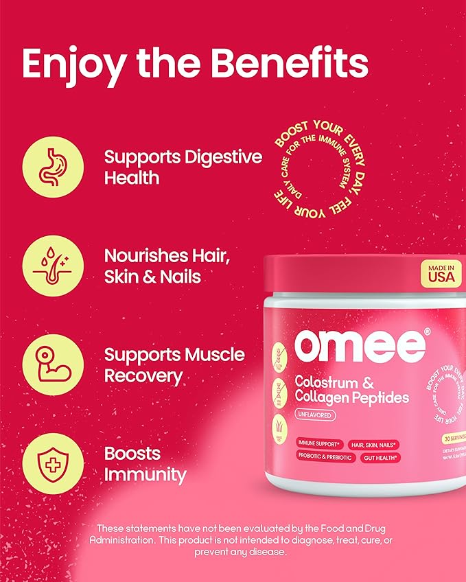 Bovine Colostrum and Collagen Powder | Hair Growth, Beauty, Skin & Nail Supplement | Gut Health, Immune Support | Probiotics | 40% IgG, Unflavored, Grass-Fed, Hydrolyzed, Gluten-Free, 30 Servings
