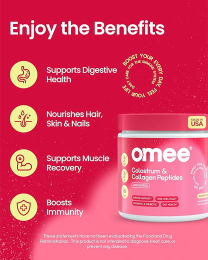Bovine Colostrum and Collagen Powder | Hair Growth, Beauty, Skin & Nail Supplement | Gut Health, Immune Support | Probiotics | 40% IgG, Unflavored, Grass-Fed, Hydrolyzed, Gluten-Free, 30 Servings