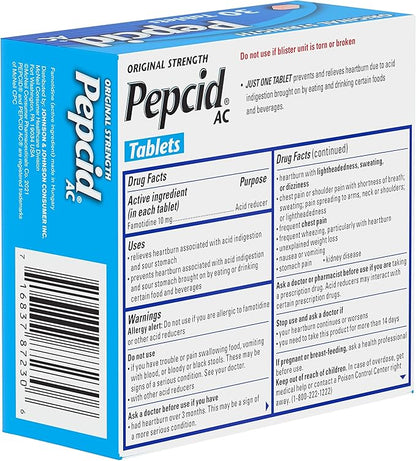 Pepcid AC Original Strength Heartburn Relief Tablets, OTC Medicine Prevents & Relieves Heartburn Due to Acid Indigestion & Sour Stomach, 10mg Famotidine Acid Reducer, Fast-Acting, 30 ct