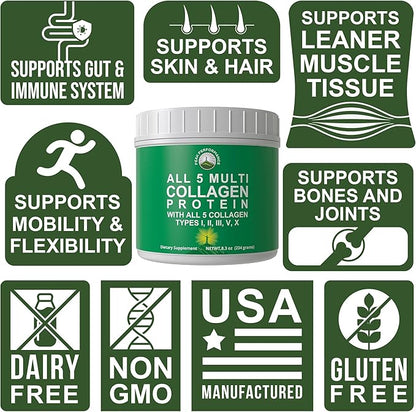Peak Performance All 5 Multi-Collagen Protein Powder Peptides Multi-Collagen Contains All Types I, II, III,V, X. Keto, Paleo Friendly with Hydrolyzed Bovine, Marine, Chicken, Bone Broth Collagens