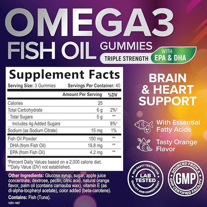 Omega-3 Gummies, Fish Oil Gummies for Adults & Kids, Omega-3 Gummy Vitamins, EPA & DHA Fish Oil Fatty Acids Gummy Supplement, Nature's Supplements for Joint, Heart Health, & Brain Support - 120 Count
