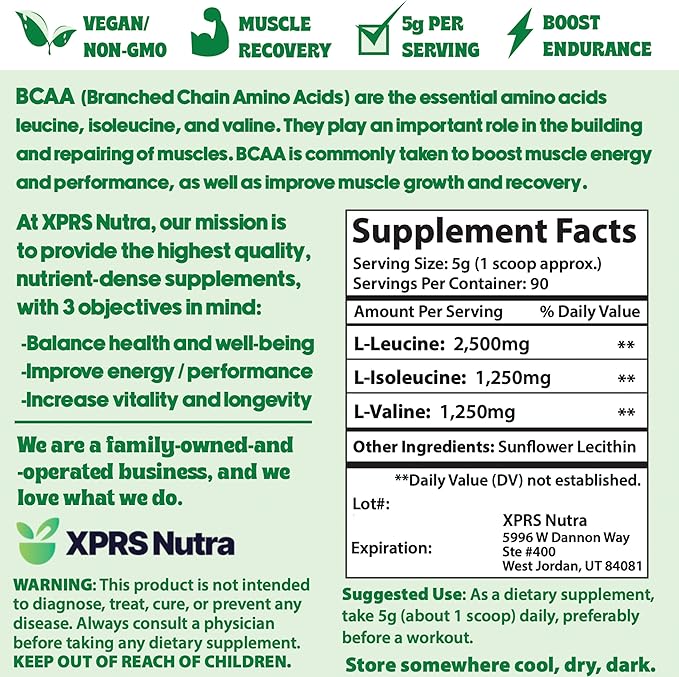 XPRS Nutra BCAA Powder - Amino Acids Supplement for Men - Unflavored BCAA Workout Supplements - Gym Supplements for Men - Amino Acids Supplement for Women for Gym Post Workout Recovery (1 Pound)