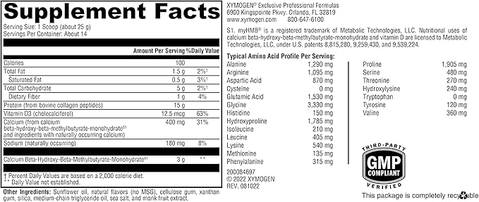 XYMOGEN FIT Food Collagen - Bovine Collagen Peptides Powder with HMB + Vitamin D3-15g Protein to Support Joints & Muscle Recovery - Vanilla Flavor (12.35 oz)