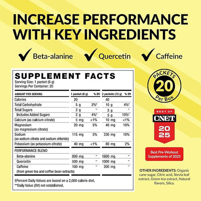 BODi Energize Pre Workout Powder - Beta-Alanine, Quercetin & Low-Dose Caffeine Formula for Enhanced Energy & Focus, Increase Energy & Endurance Supplement, Lemon Flavored, 20 Sticks
