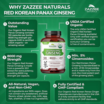 Zazzee USDA Organic Red Korean Panax Ginseng 20:1 Extract, 8000 mg Strength, 5% Ginsenosides, 120 Vegan Capsules, Standardized and Concentrated 20X Root Extract, 100% Vegetarian, All-Natural, Non-GMO