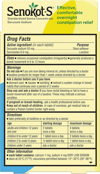 Senokot-S Dual Action Natural Vegetable Laxative Ingredient Plus Stool Softener Tablets, Docusate Sodium, Senna Concentrate, Gentle, Overnight Relief From Occasional Constipation, 10 ct
