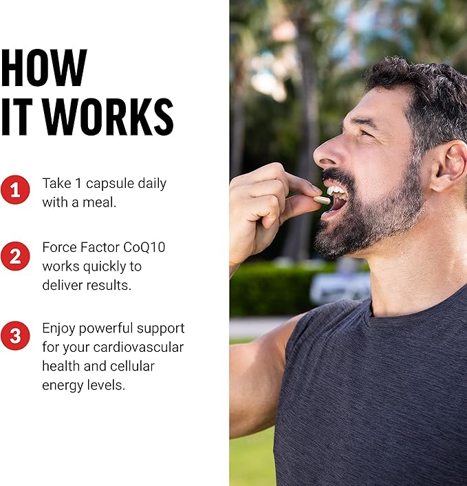 FORCE FACTOR CoQ10 100mg, Coenzyme Q10 Heart Health Supplement with Enhanced Absorption, Premium Grade Coq 10, Vegan, Dairy Free, Gluten Free, and Non-GMO, 60 Vegetable Capsules