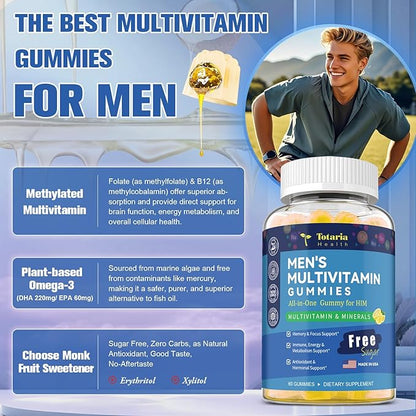 Sugar Free Men's Multivitamin Gummies w/Vegan Omega 3, Maca, Saw Palmetto, Vitamin A, B, C, E, D3, K, Zinc, Daily Methylated Multivitamins for Men, for Immunity, Energy, Lemon Flavor, 60 Counts
