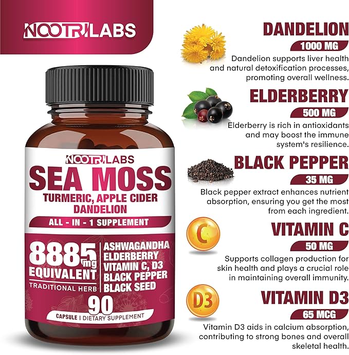 All-in-1 8885mg Highest Potency Sea Moss, Black Seed, Ashwagandha, Turmeric, Apple Cider Vinegar, Dandelion with Elderberry, Vitamin C & D3 - Immune, Energy Support Supplement - 90 Vegan Capsules