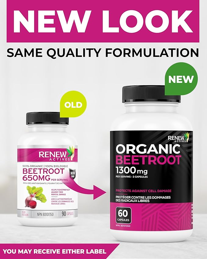 Renew Actives Organic Beetroot Supplement 1300MG per 2 Capsules - Pure Beetroot Powder for Circulation, Natural Energy, & Antioxidant Benefits - High-Potency Superfood, Made in Canada - 90 Capsules