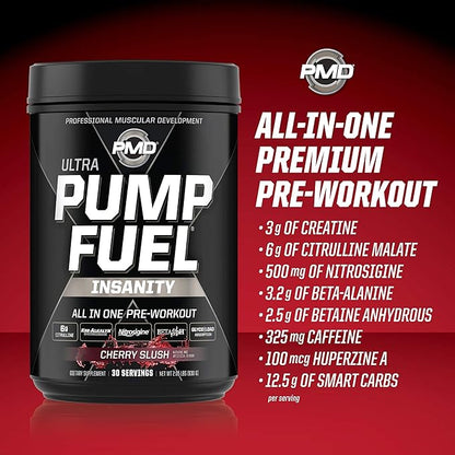 PMD Sports Ultra Pump Fuel Insanity - Pre Workout – Cherry Slush (30 Servings) Sports Omega Cuts Elite Thermogenic Fat Burner (90 Softgels)